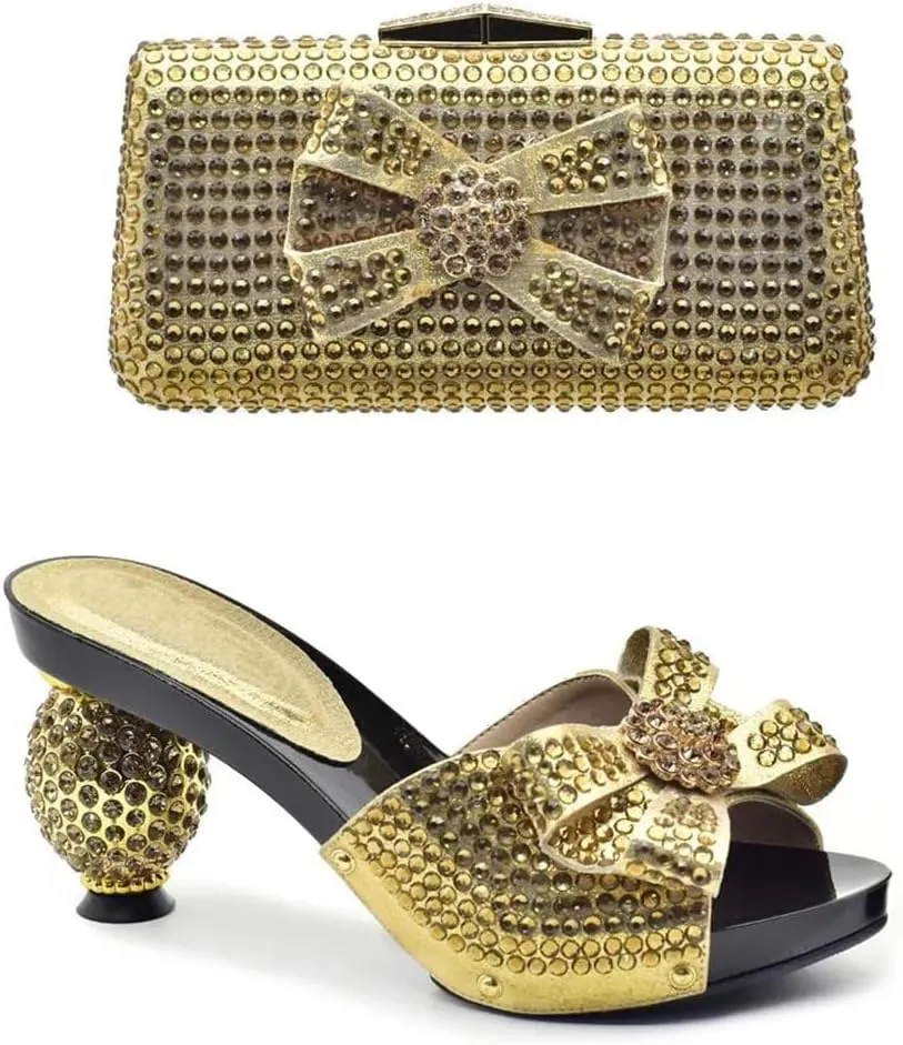 Women African Shoes and Bag Set Elegant Crystal Decorate PU Round High Heel