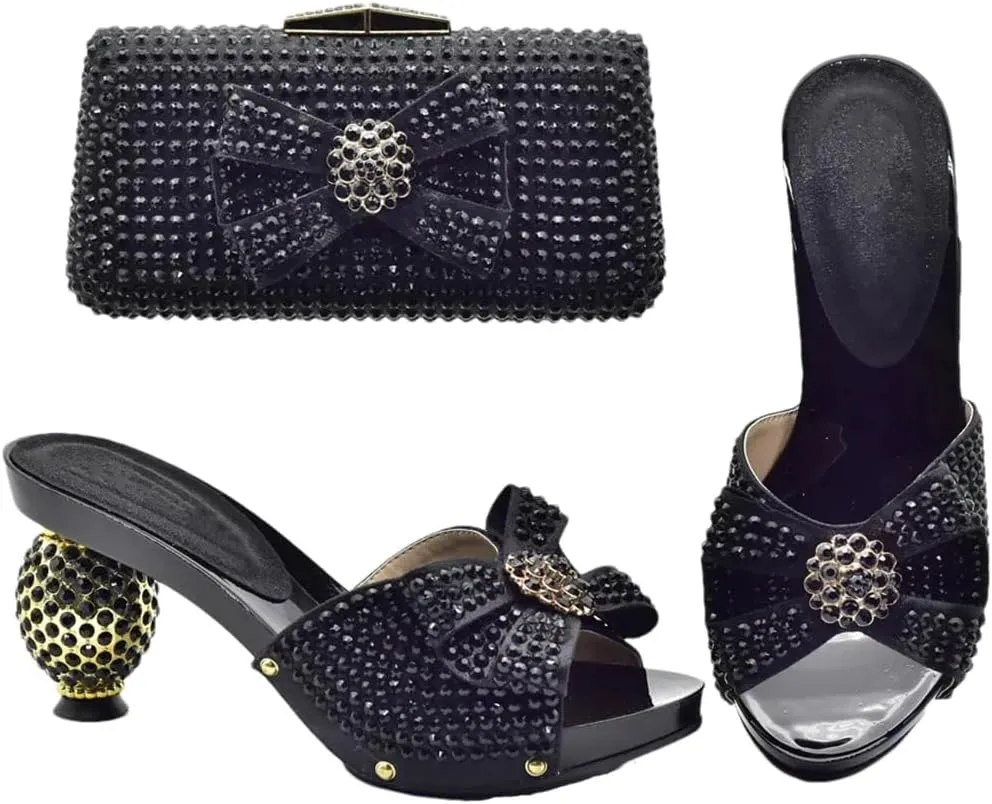 Women African Shoes and Bag Set Elegant Crystal Decorate PU Round High Heel