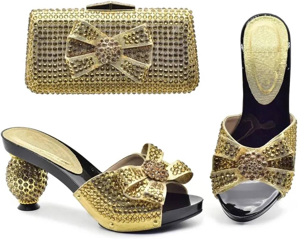 Women African Shoes and Bag Set Elegant Crystal Decorate PU Round High Heel