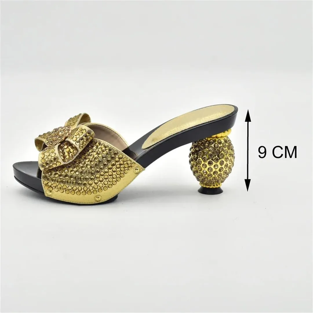 Women African Shoes and Bag Set Elegant Crystal Decorate PU Round High Heel