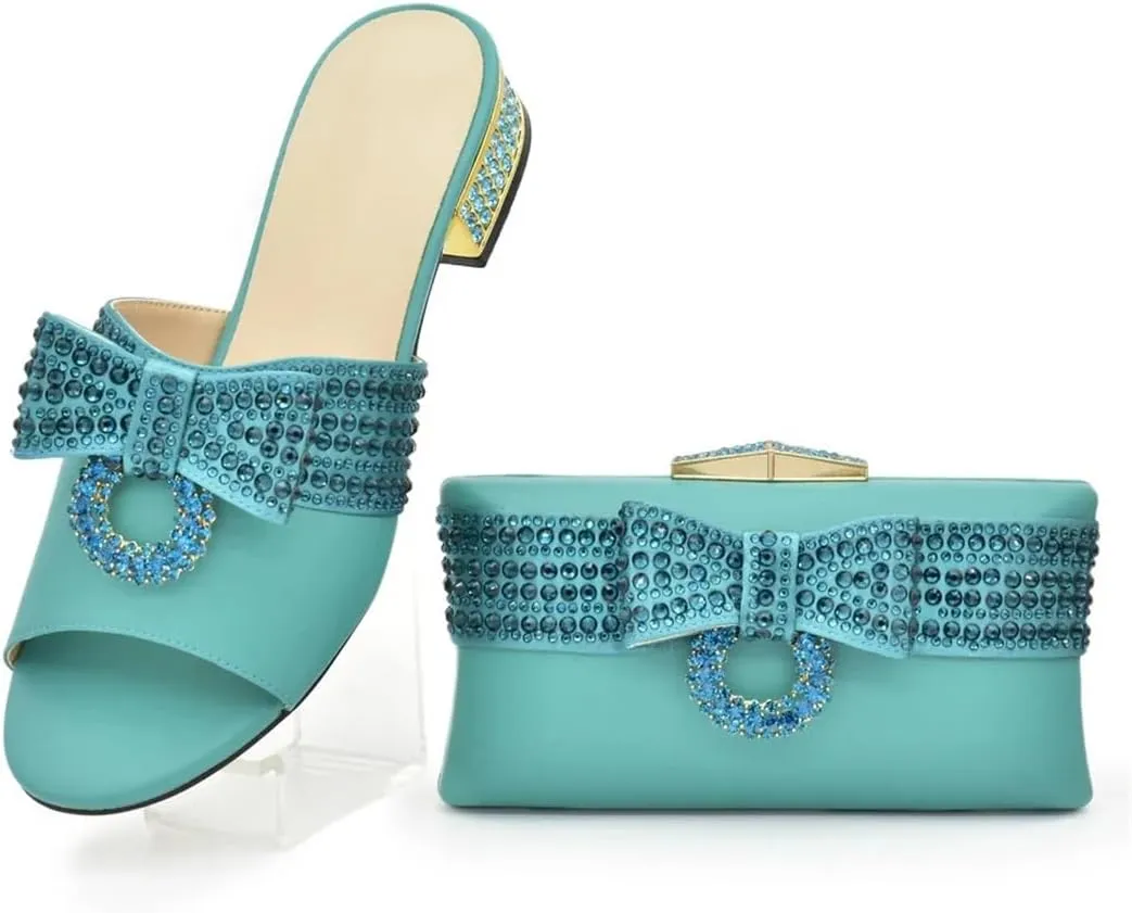 Women Elegant Italian Rhinestone Shoes and Bag Set Party and Wedding Low Luxury Shoes