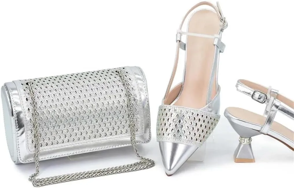 Women Shoes and Bags Set Decorated with Rhinestone Luxury Designer Elegant Heeled Shoes for Party