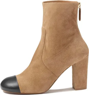 Women's Ankle Boots Suede Chunky Block Heel Boots Two Tone Round Toe Side Zipper Dress Fall Short Booties Shoes