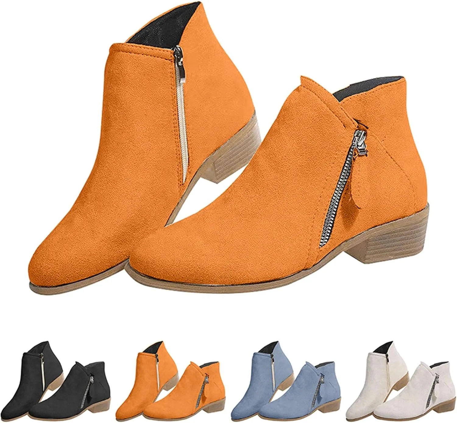 Women's Boots Ankle Womens Booties Fall Brown Leather Boots Men Womens Bootie Low Heel Lightweight Breathable Closed Pointed Toe Low Block Heel Zip Up