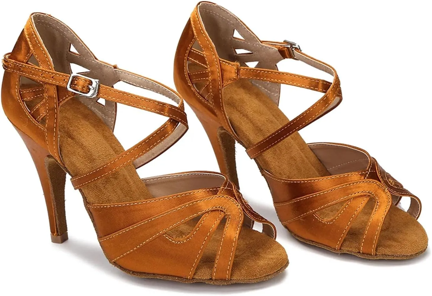 Women's Brown Satin Latin Dance Shoes - Tango Salsa Ballroom Red Wedding Sandals, 10CM/3.9Inch Heel Height