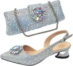 Women's Elegant Sexy High Heels Shoes and Bag with Rhinestone Pointed Toe Wedding Party Heels