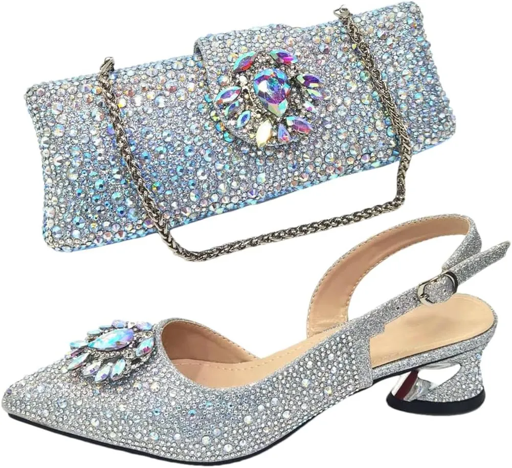 Women's Elegant Sexy High Heels Shoes and Bag with Rhinestone Pointed Toe Wedding Party Heels