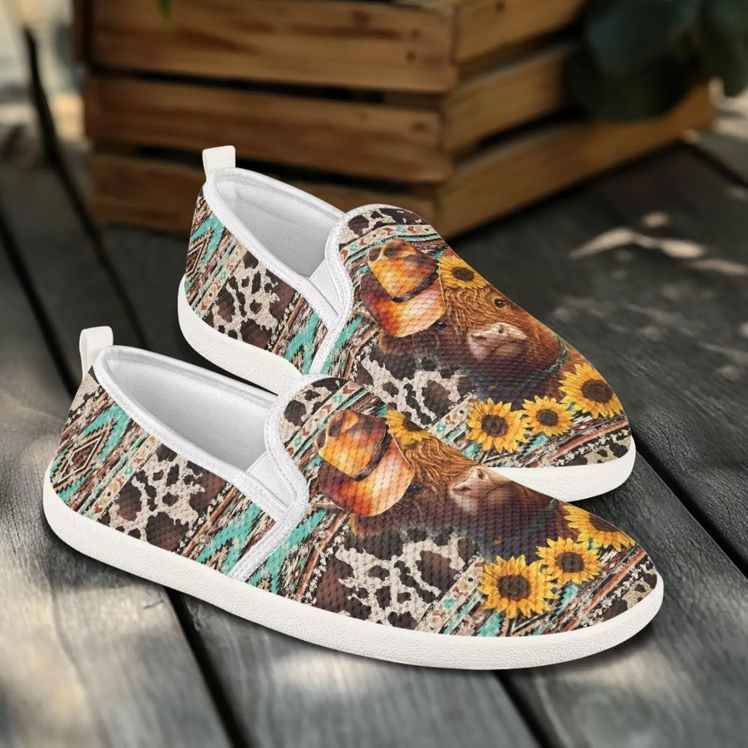 Women's Highland Cattle Outdoor Loafer Casual Walking Wedding Shoes Dress Flats Tennis Loafers