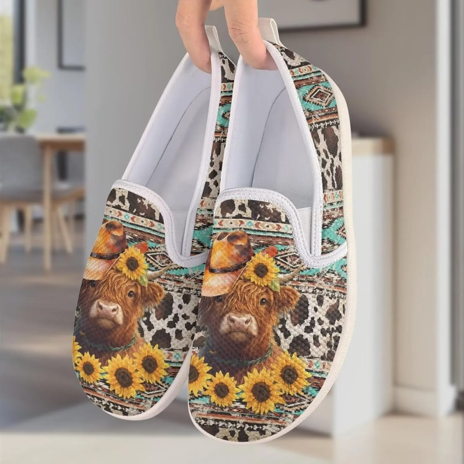 Women's Highland Cattle Outdoor Loafer Casual Walking Wedding Shoes Dress Flats Tennis Loafers