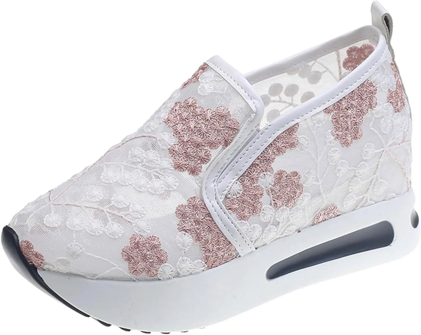 Womens Platform Wedge Sneakers Fashion Mesh Floral Embroidery Breathable Slip on Air Comfort Chunky Arch Support Walking Shoes