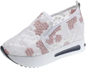 Womens Platform Wedge Sneakers Fashion Mesh Floral Embroidery Breathable Slip on Air Comfort Chunky Arch Support Walking Shoes