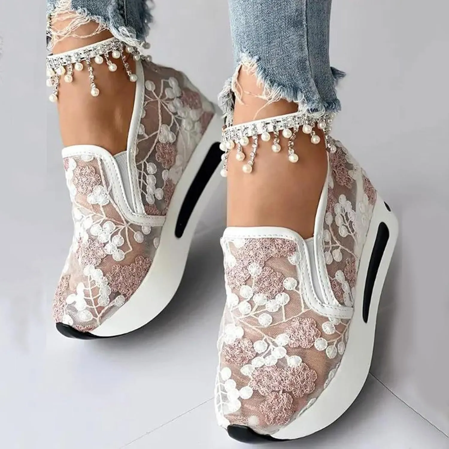 Womens Platform Wedge Sneakers Fashion Mesh Floral Embroidery Breathable Slip on Air Comfort Chunky Arch Support Walking Shoes