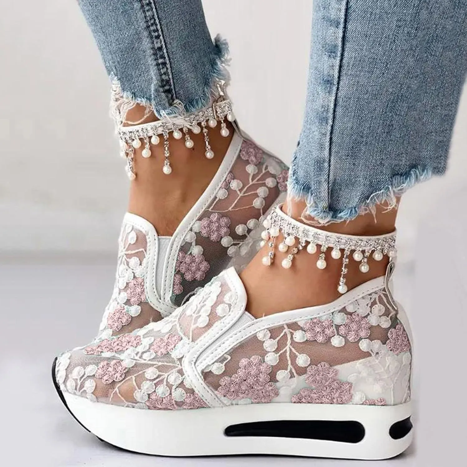 Womens Platform Wedge Sneakers Fashion Mesh Floral Embroidery Breathable Slip on Air Comfort Chunky Arch Support Walking Shoes