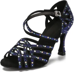 Women's Rhinestone Latin Dance Shoes - Salsa Tango Ballroom Blue Wedding Sandals, 10CM/3.9Inch Heel Height