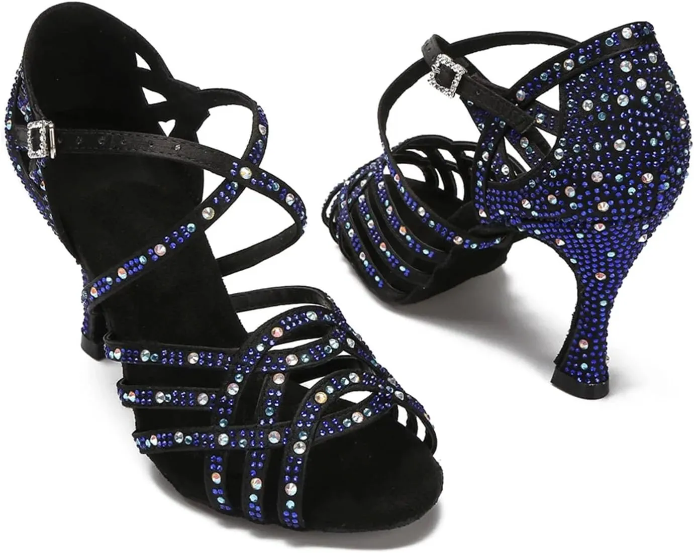 Women's Rhinestone Latin Dance Shoes - Salsa Tango Ballroom Blue Wedding Sandals, 10CM/3.9Inch Heel Height