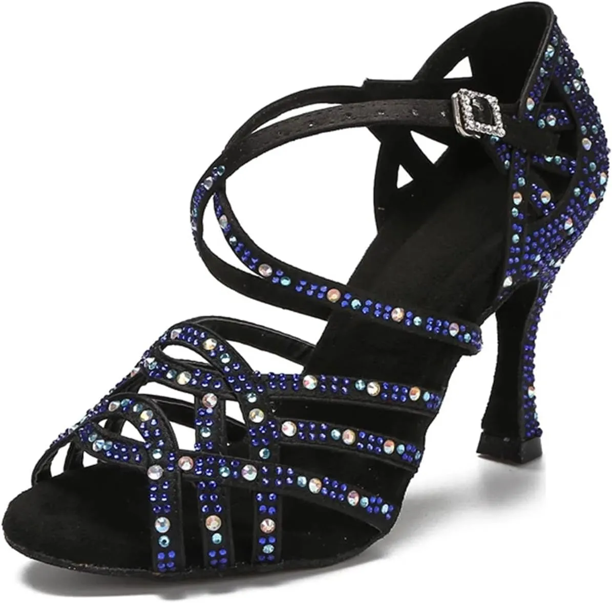 Women's Rhinestone Latin Dance Shoes - Salsa Tango Ballroom Blue Wedding Sandals, 10CM/3.9Inch Heel Height