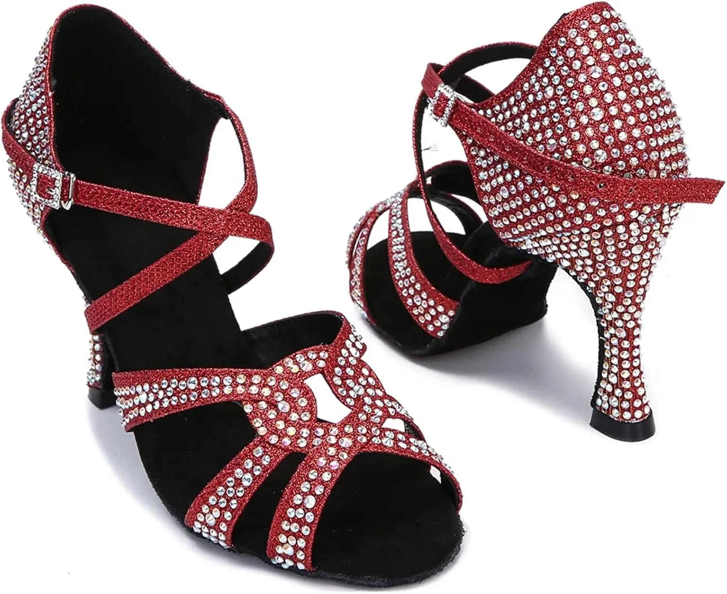 Women's Rhinestone Latin Dance Shoes - Tango Salsa Ballroom Red Wedding Sandals, 10CM/3.9Inch Heel Height