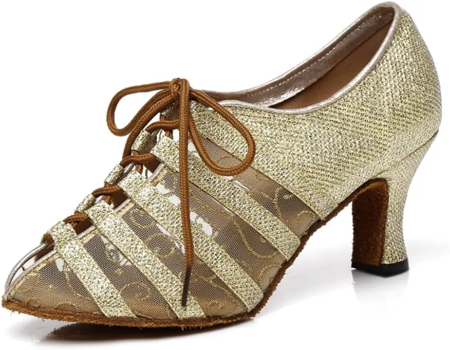 Women's Stylish Round Toe Mesh Sparkle Material Synthetic Ballroom Morden Tango Party Wedding Professional Dance Shoes