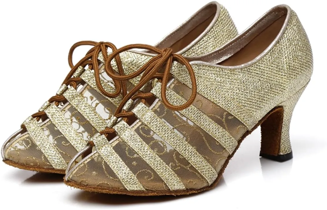 Women's Stylish Round Toe Mesh Sparkle Material Synthetic Ballroom Morden Tango Party Wedding Professional Dance Shoes