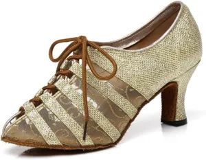 Women's Stylish Round Toe Mesh Sparkle Material Synthetic Ballroom Morden Tango Party Wedding Professional Dance Shoes