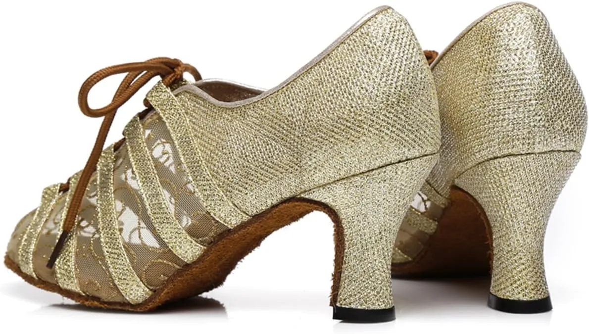 Women's Stylish Round Toe Mesh Sparkle Material Synthetic Ballroom Morden Tango Party Wedding Professional Dance Shoes