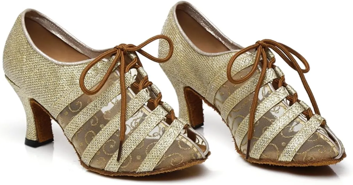Women's Stylish Round Toe Mesh Sparkle Material Synthetic Ballroom Morden Tango Party Wedding Professional Dance Shoes