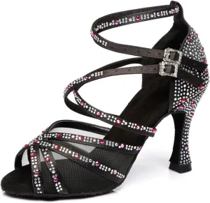 Women's Stylish Sparkle Rhinestones Peep Toe Satin Ballroom Jazz Party Wedding Practice Dance Shoes Black US 6.5
