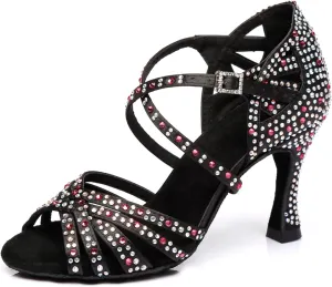 Women's Stylish Sparkle Rhinestones Peep Toe Satin Ballroom Modern Tango Party Wedding Professional Dance Shoes