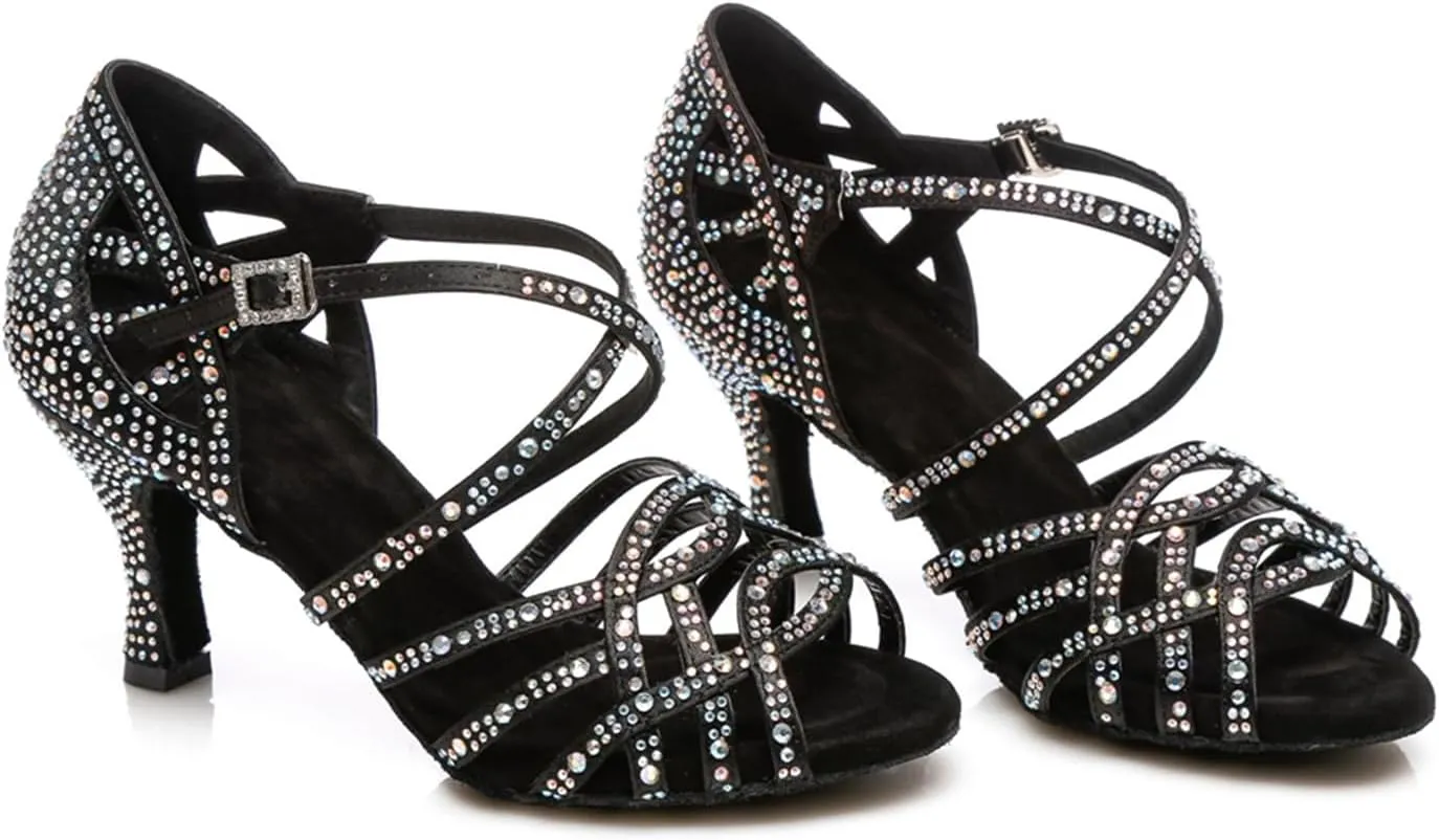 Women's Stylish Sparkle Rhinestones Peep Toe Satin Ballroom Modern Tango Party Wedding Professional Dance Shoes