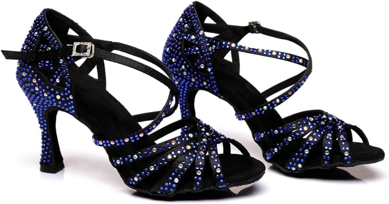 Women's Stylish Sparkle Rhinestones Peep Toe Satin Ballroom Modern Tango Party Wedding Professional Dance Shoes
