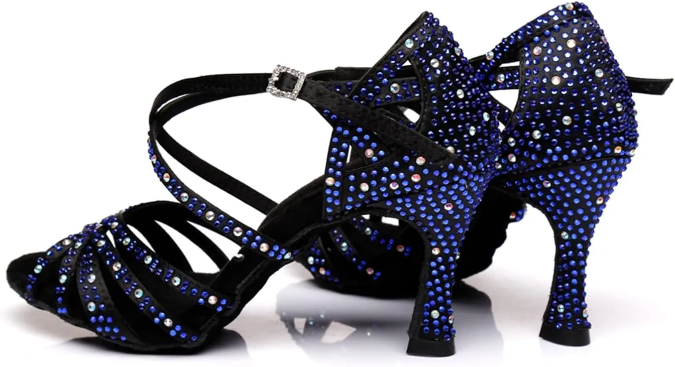 Women's Stylish Sparkle Rhinestones Peep Toe Satin Ballroom Modern Tango Party Wedding Professional Dance Shoes