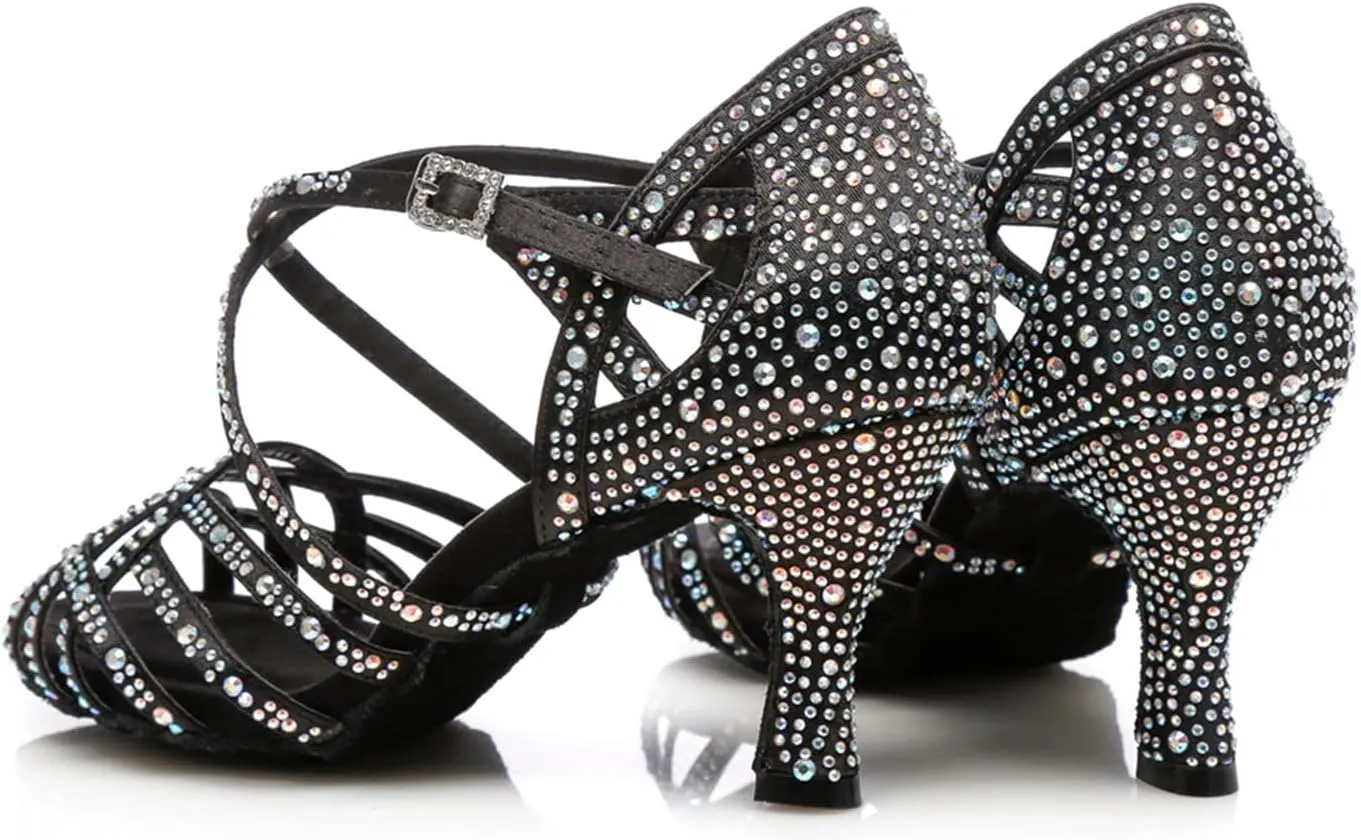 Women's Stylish Sparkle Rhinestones Peep Toe Satin Ballroom Modern Tango Party Wedding Professional Dance Shoes