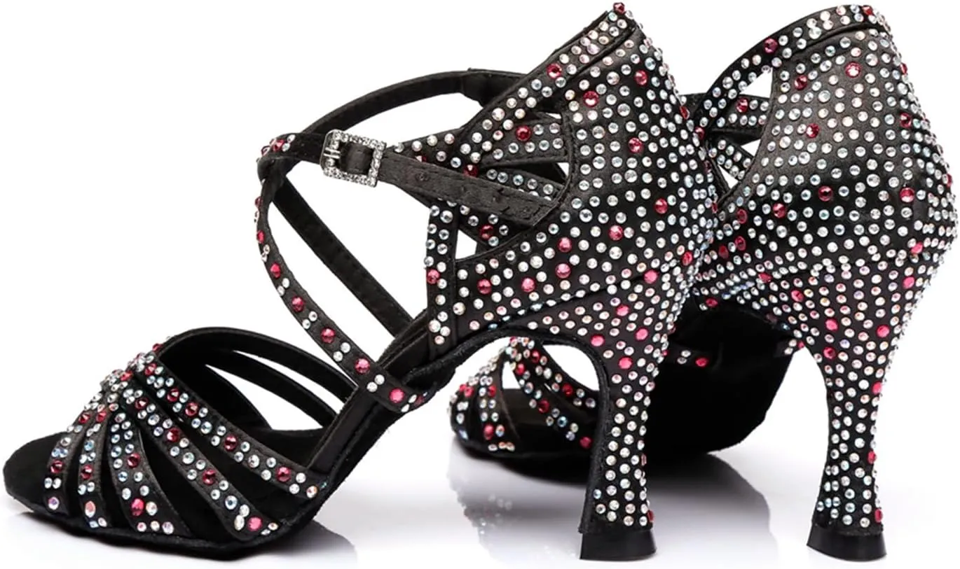 Women's Stylish Sparkle Rhinestones Peep Toe Satin Ballroom Modern Tango Party Wedding Professional Dance Shoes