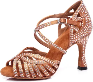 Women's Stylish Sparkle Rhinestones Peep Toe Satin Ballroom Modern Tango Party Wedding Professional Dance Shoes
