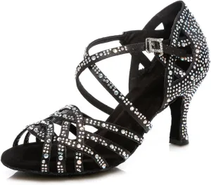 Women's Stylish Sparkle Rhinestones Peep Toe Satin Ballroom Modern Tango Party Wedding Professional Dance Shoes