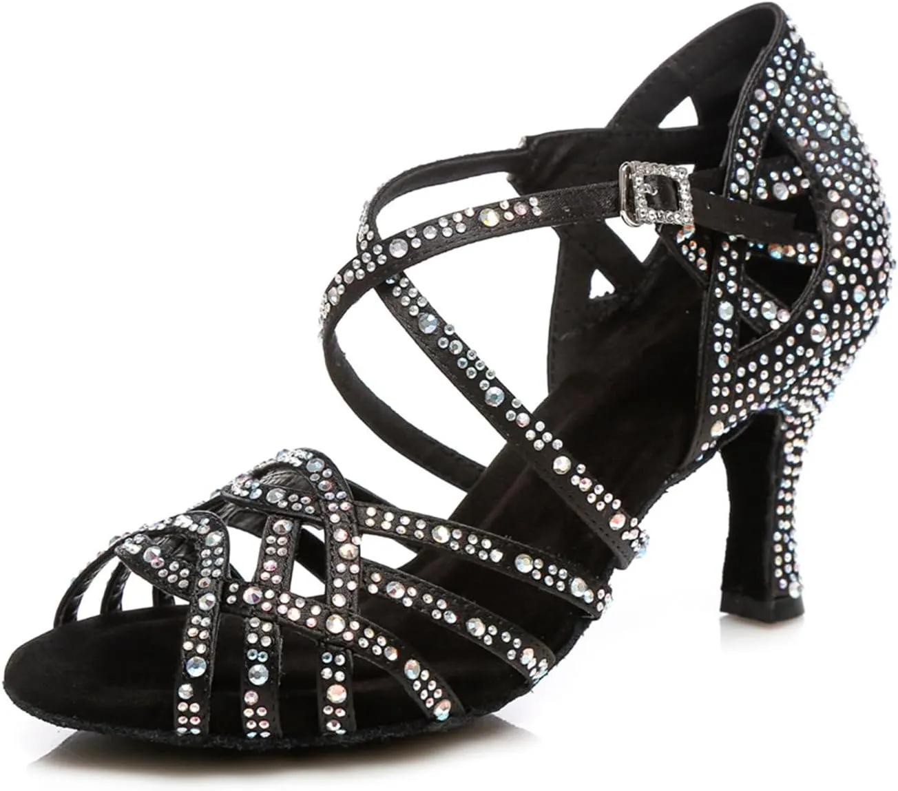 Women's Stylish Sparkle Rhinestones Peep Toe Satin Ballroom Modern Tango Party Wedding Professional Dance Shoes