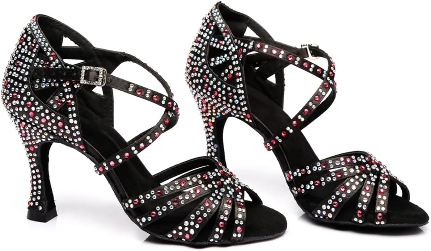 Women's Stylish Sparkle Rhinestones Peep Toe Satin Ballroom Modern Tango Party Wedding Professional Dance Shoes