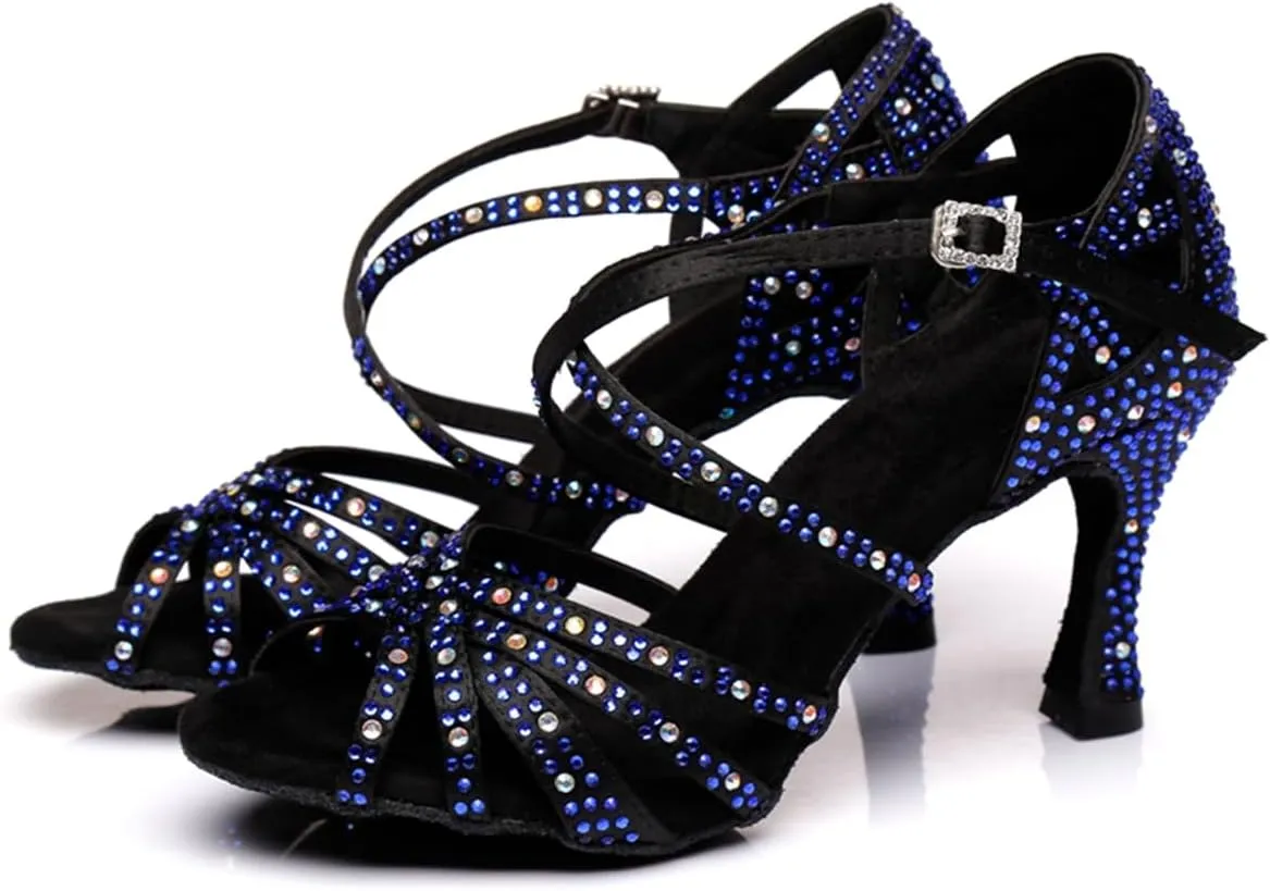Women's Stylish Sparkle Rhinestones Peep Toe Satin Ballroom Modern Tango Party Wedding Professional Dance Shoes