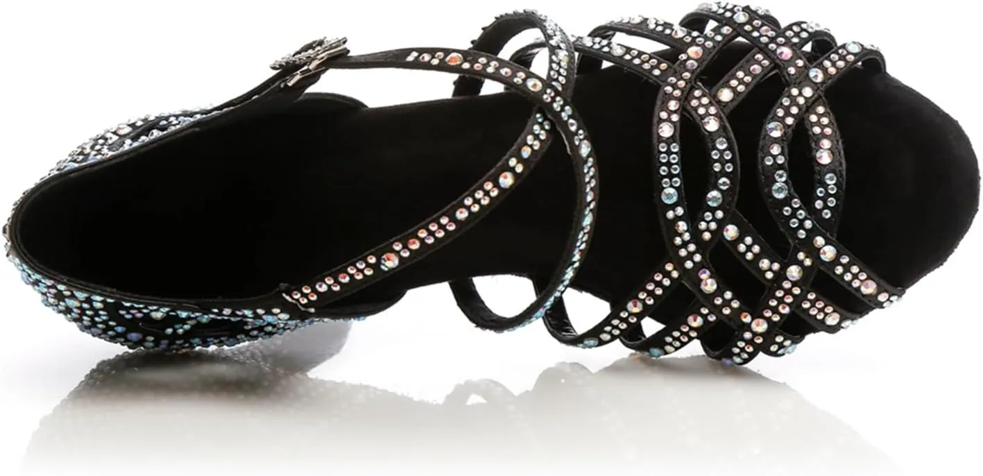 Women's Stylish Sparkle Rhinestones Peep Toe Satin Ballroom Modern Tango Party Wedding Professional Dance Shoes