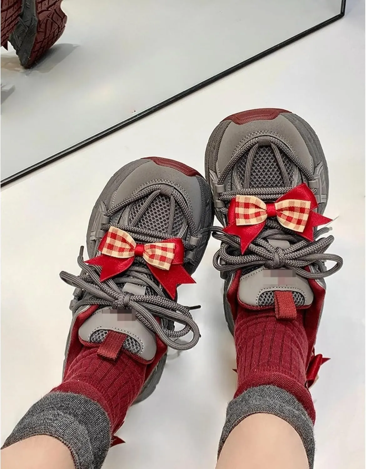 Women's Y2k Aesthetic Gray Red Bow Chunky Sneakers Walking Platform Dad Shoes Comfort Support Footwear Outdoor Travel