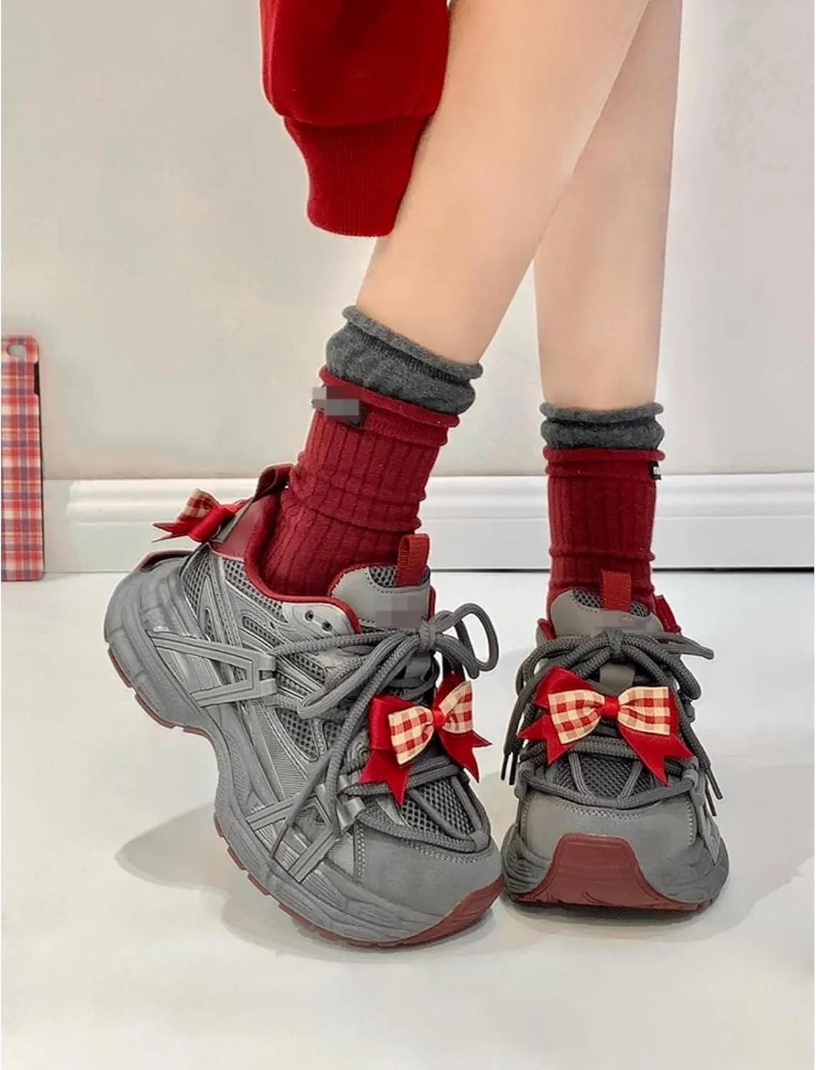 Women's Y2k Aesthetic Gray Red Bow Chunky Sneakers Walking Platform Dad Shoes Comfort Support Footwear Outdoor Travel