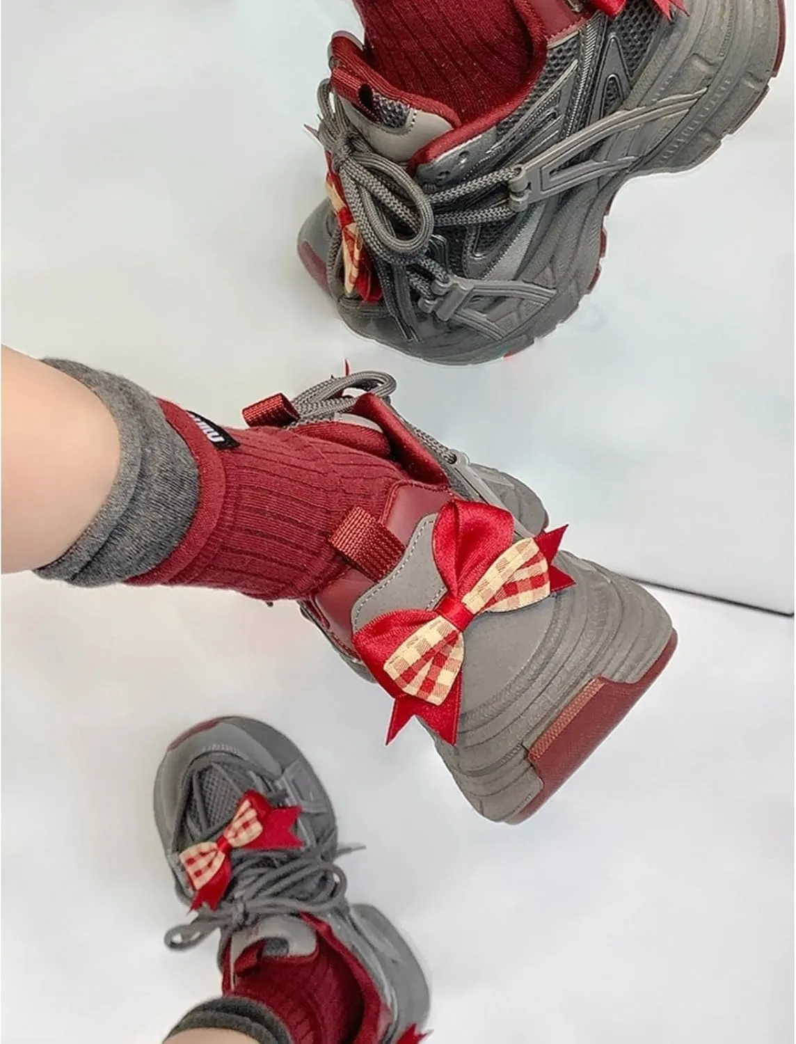 Women's Y2k Aesthetic Gray Red Bow Chunky Sneakers Walking Platform Dad Shoes Comfort Support Footwear Outdoor Travel