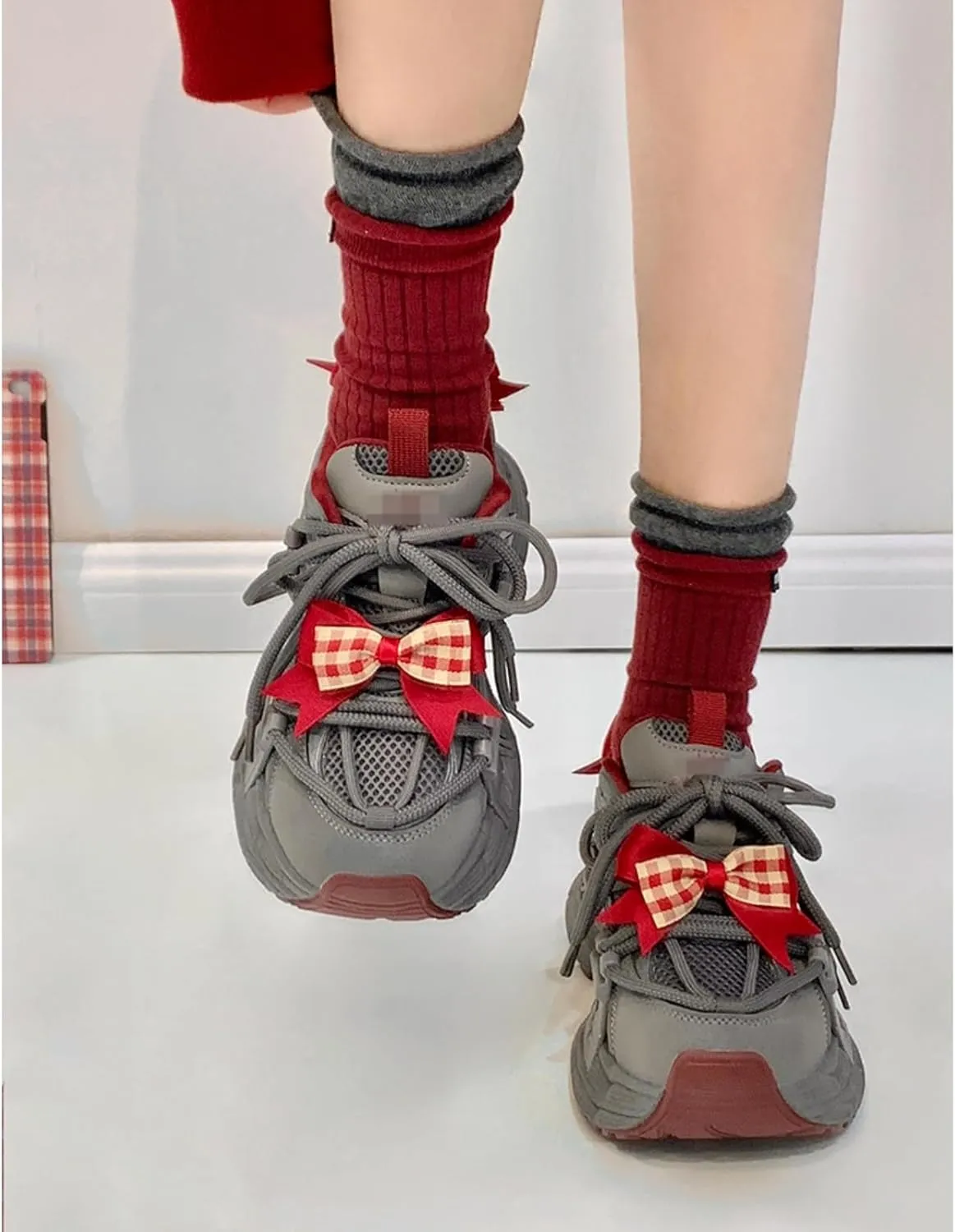 Women's Y2k Aesthetic Gray Red Bow Chunky Sneakers Walking Platform Dad Shoes Comfort Support Footwear Outdoor Travel