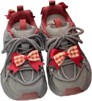 Women's Y2k Aesthetic Gray Red Bow Chunky Sneakers Walking Platform Dad Shoes Comfort Support Footwear Outdoor Travel