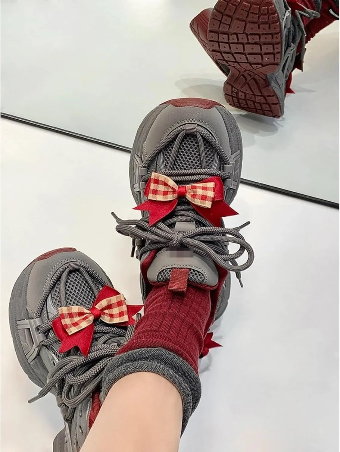 Women's Y2k Aesthetic Gray Red Bow Chunky Sneakers Walking Platform Dad Shoes Comfort Support Footwear Outdoor Travel