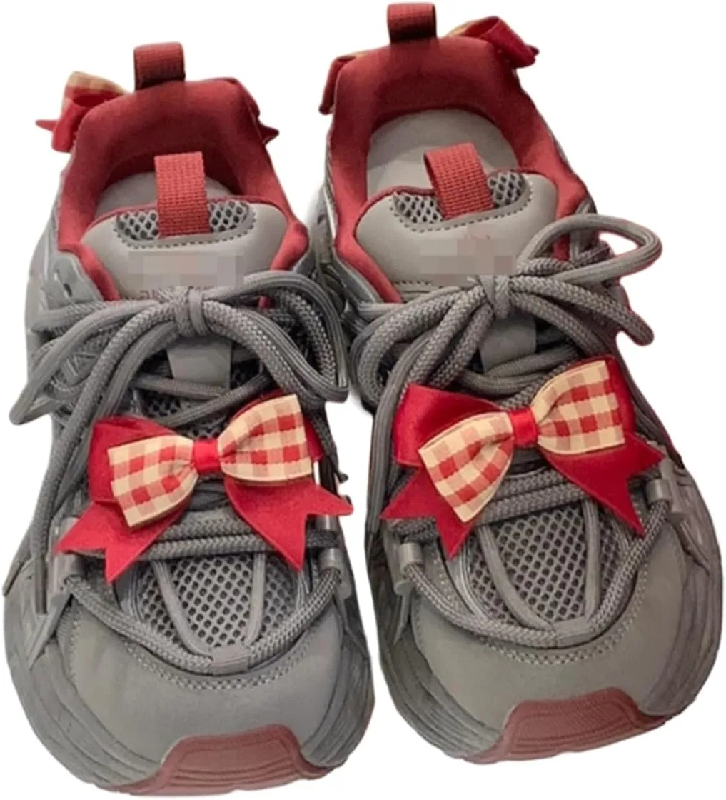 Women's Y2k Aesthetic Gray Red Bow Chunky Sneakers Walking Platform Dad Shoes Comfort Support Footwear Outdoor Travel