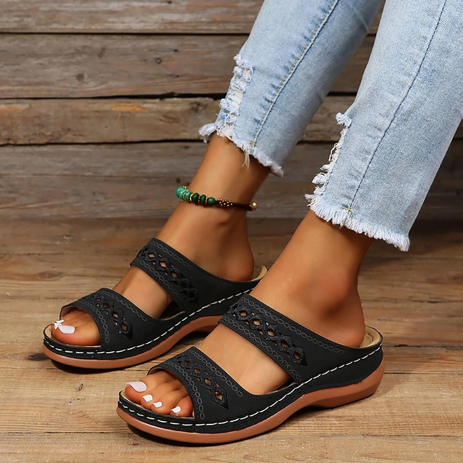 Women'Sandanls Thick Chunky Heeled Slippers Buckle Open Toe Lazy Slip On Female Casual Shoes for Summer Comfort Wedge Wide Feet Ankle Strap Non Slip Outdoor Trendy Hight slipper cork Feet L95-Black