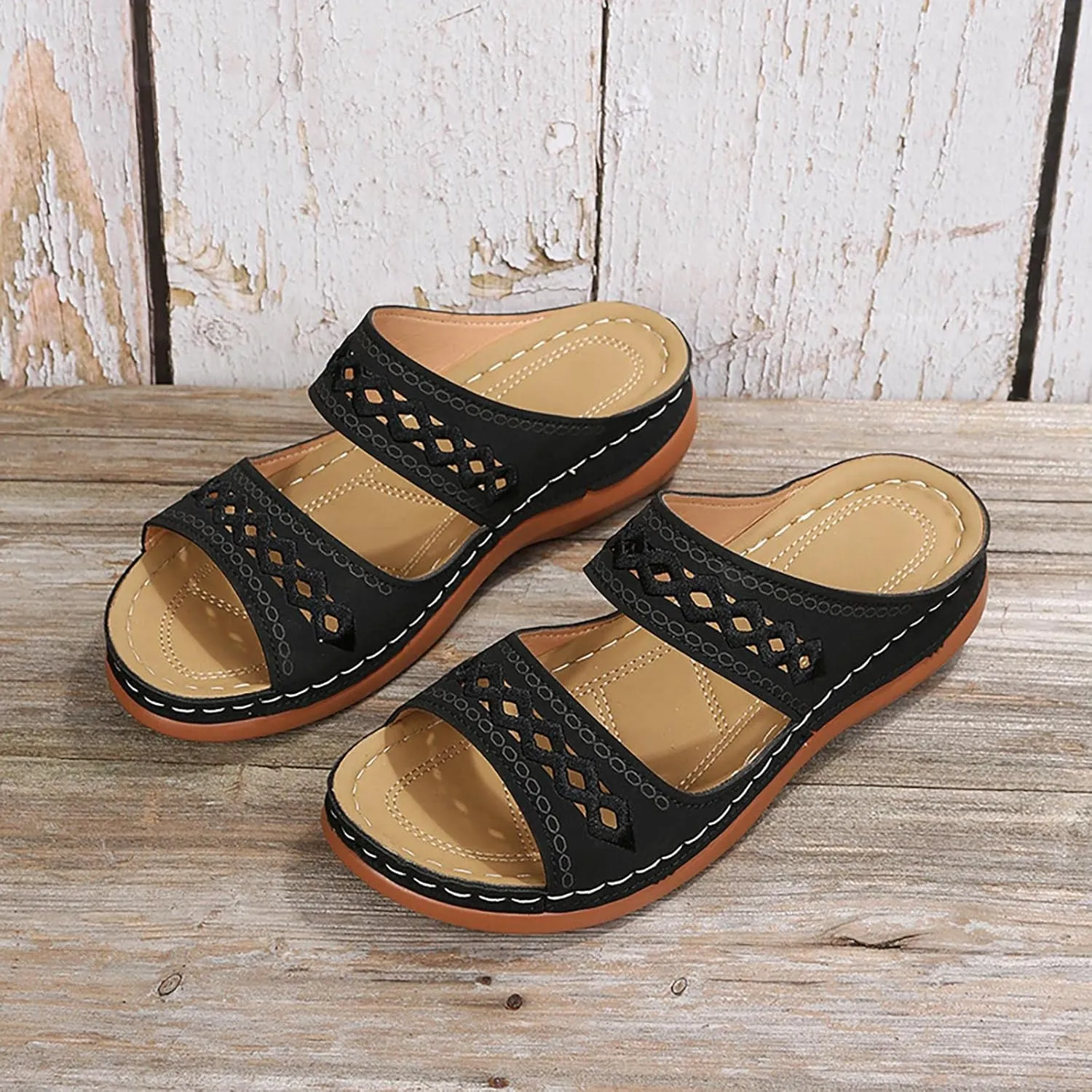 Women'Sandanls Thick Chunky Heeled Slippers Buckle Open Toe Lazy Slip On Female Casual Shoes for Summer Comfort Wedge Wide Feet Ankle Strap Non Slip Outdoor Trendy Hight slipper cork Feet L95-Black