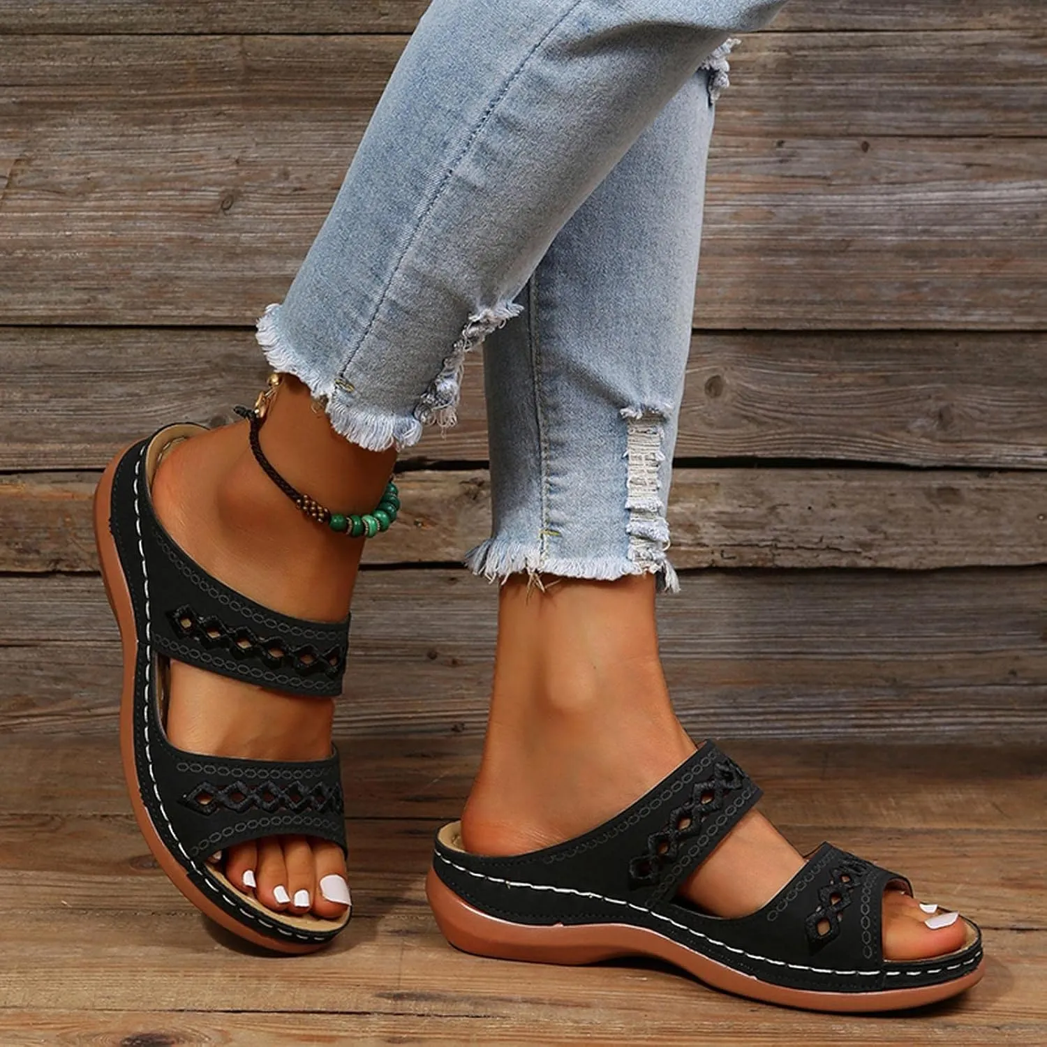 Women'Sandanls Thick Chunky Heeled Slippers Buckle Open Toe Lazy Slip On Female Casual Shoes for Summer Comfort Wedge Wide Feet Ankle Strap Non Slip Outdoor Trendy Hight slipper cork Feet L95-Black